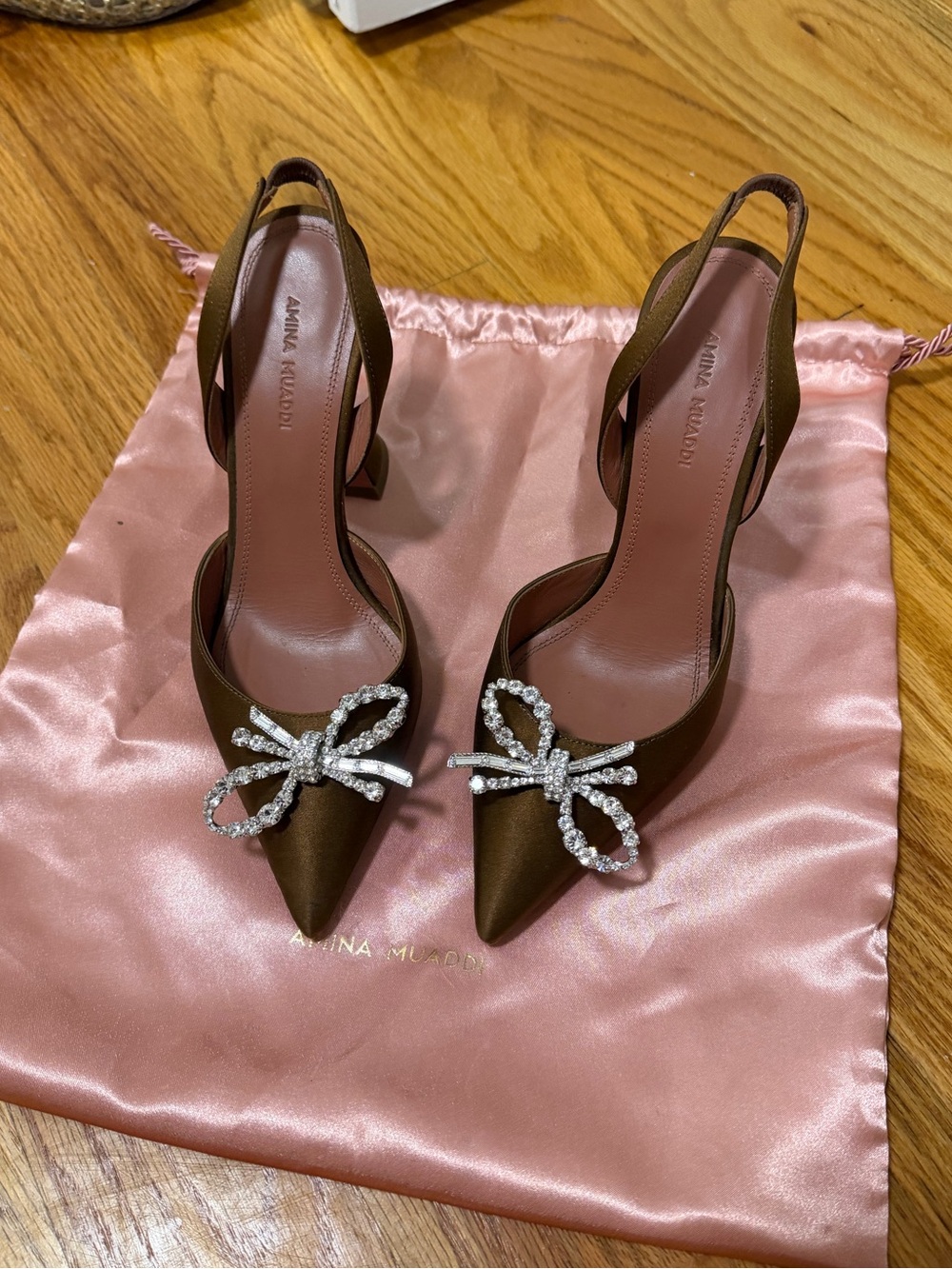 Amina Muaddi Brown Satin Slingback Pumps with Crystal Bow